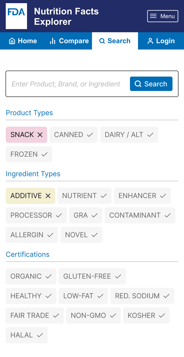 A search page with sections to apply filters to the search.