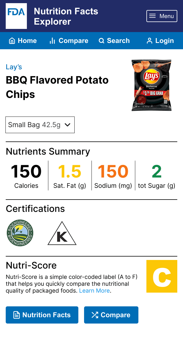 The nutrition page with a visual of a bag of Lay's BBQ Chips and sections of writing.