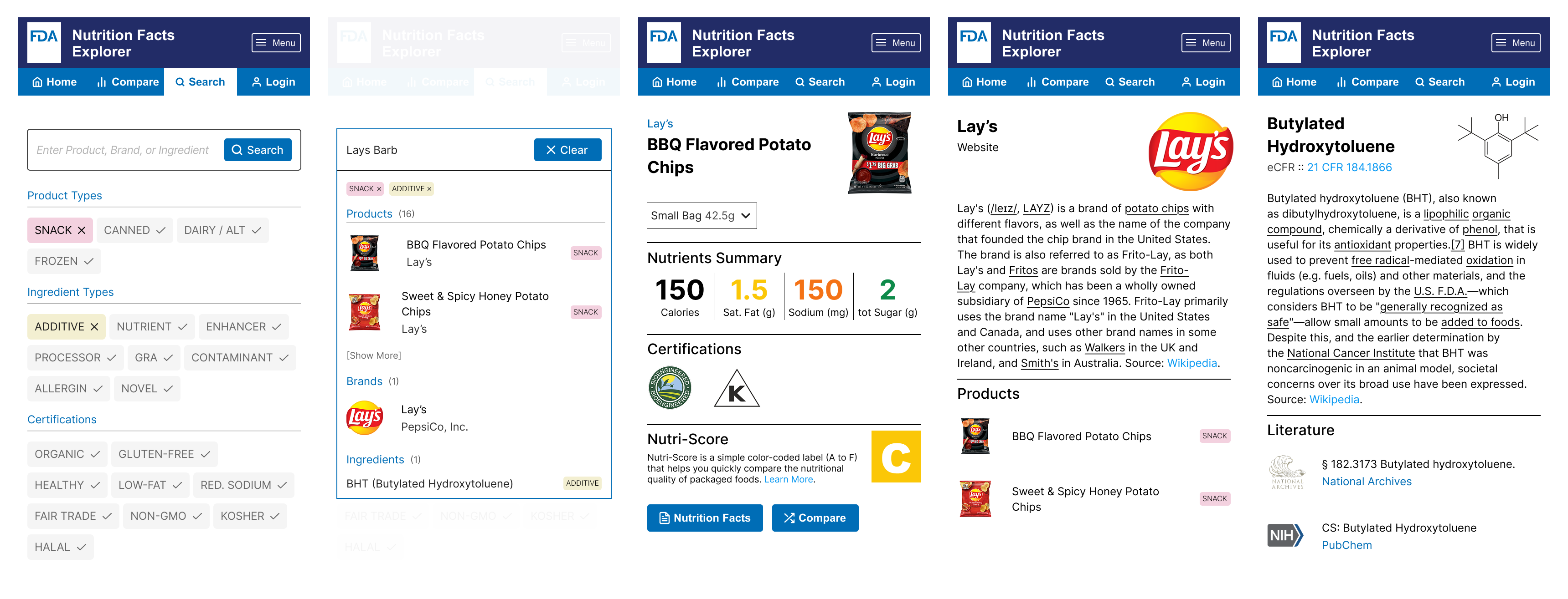 Multiple design pages of a digital app for exploring Nutrition Facts