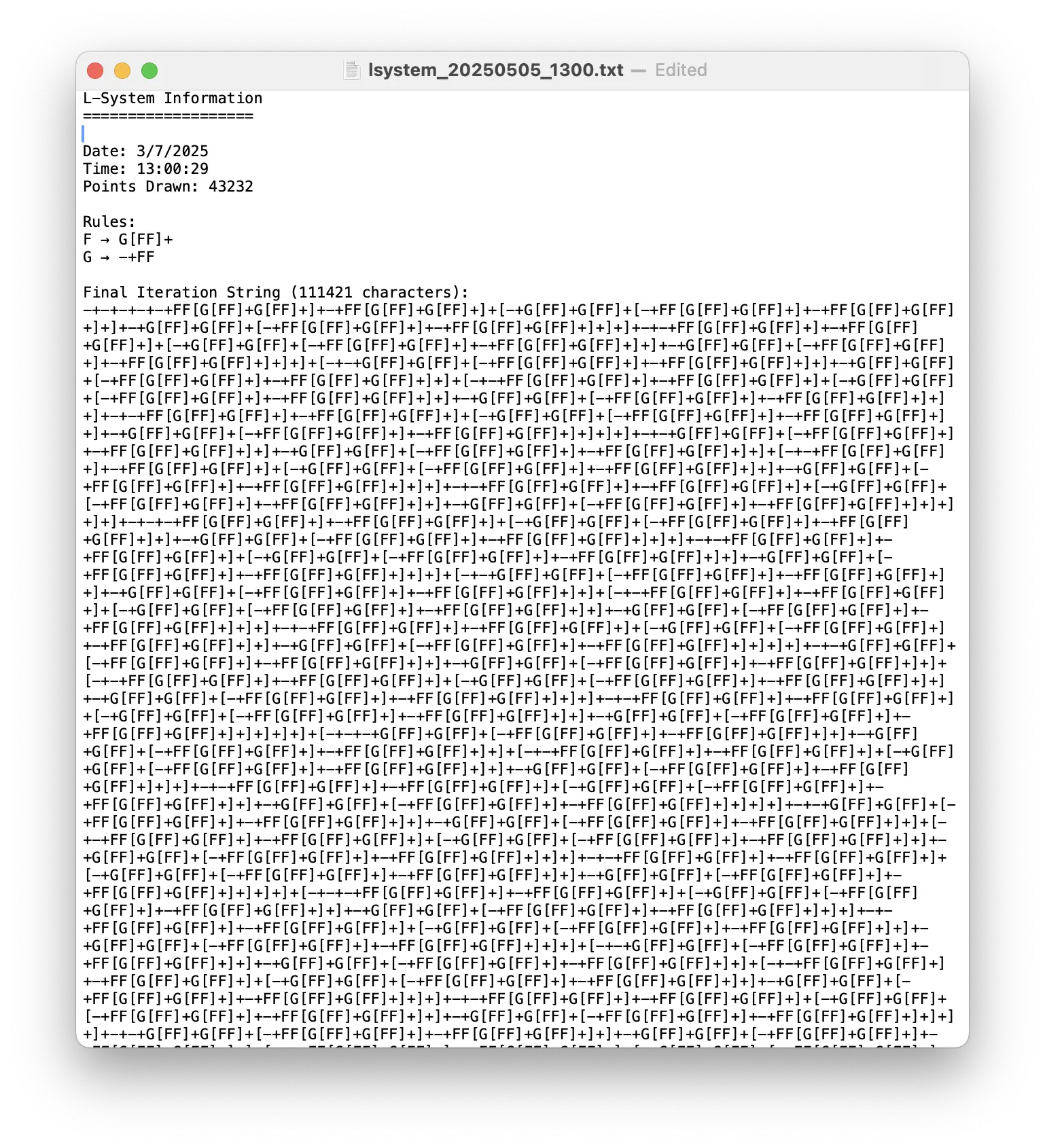 A text document containing L-system instructions-- a very long list of seemingly random characters.