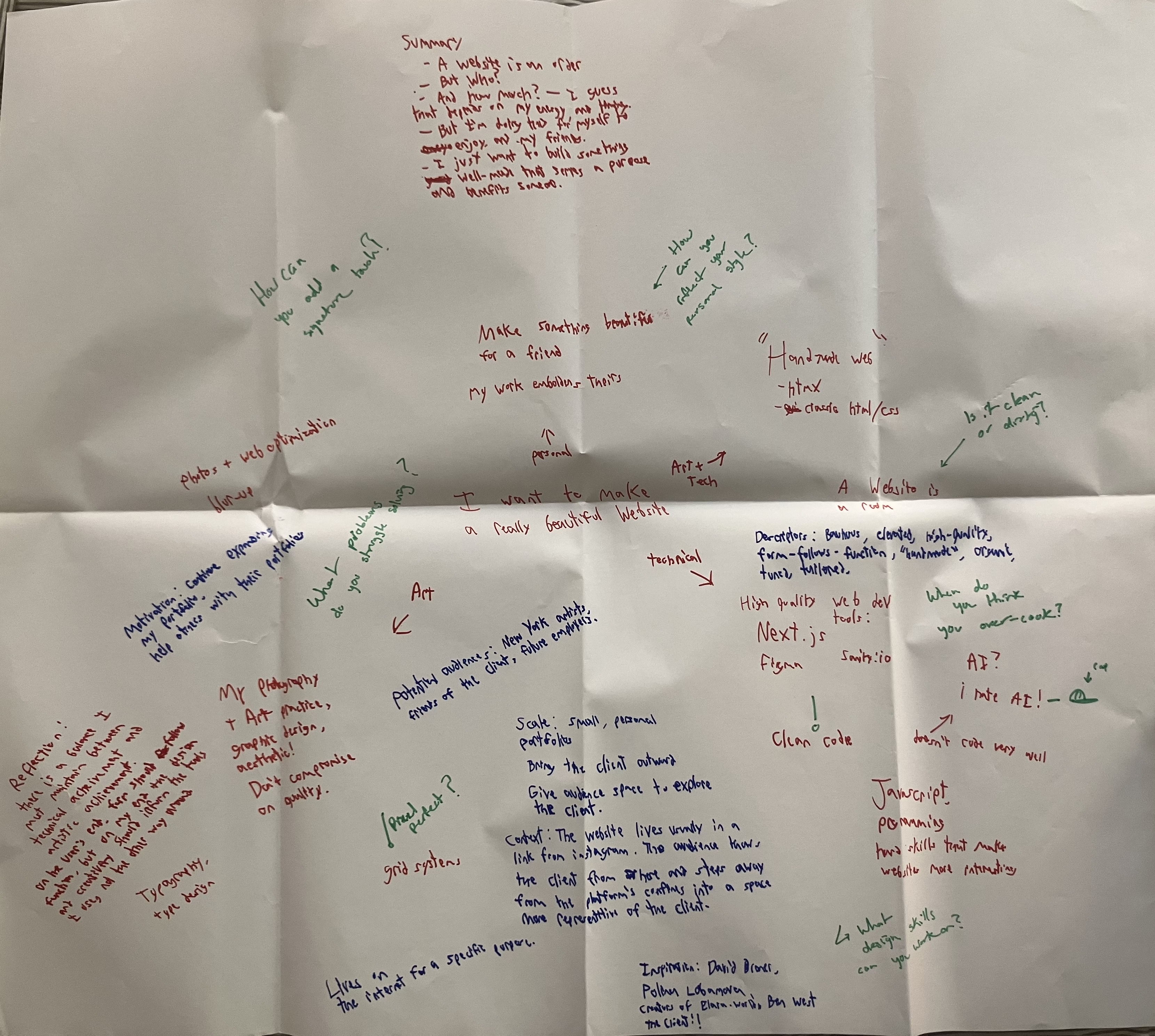 Scattered writing in multi-colored marker on a large white paper